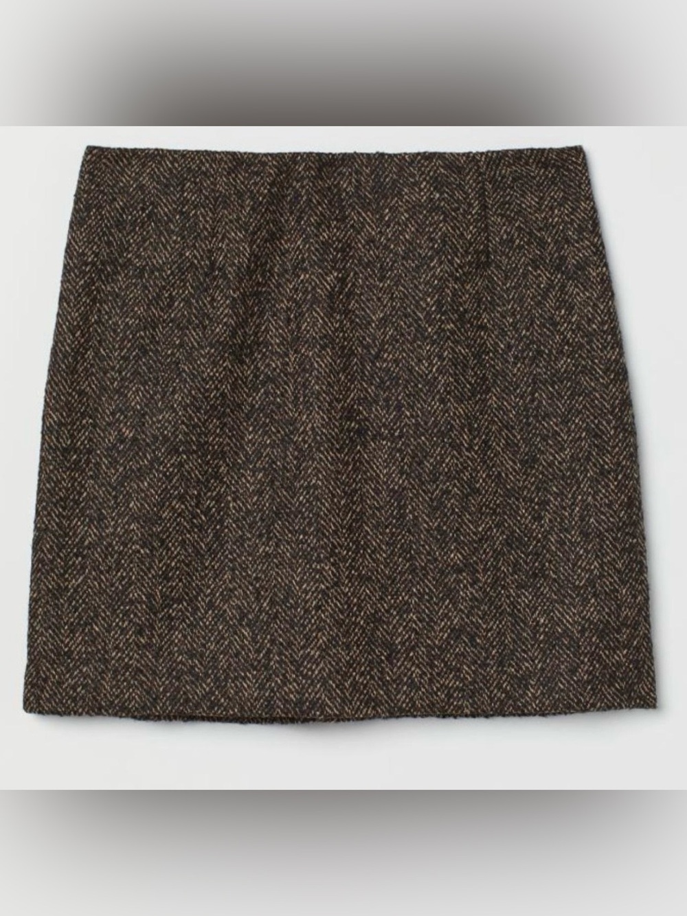 H&M Mini Skirt Womens L Black Brown Wool Blend Herringbone Tweed Lined Side Zip